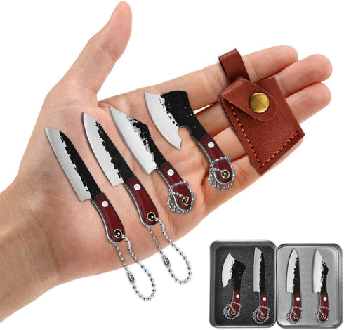 4pcs Pocket Knife Set Mini Chef Cleaver Knife with Leather Sheaths and Iron Case for Box Cutter, Cutting Fruits and Necklace Pendant Decor...