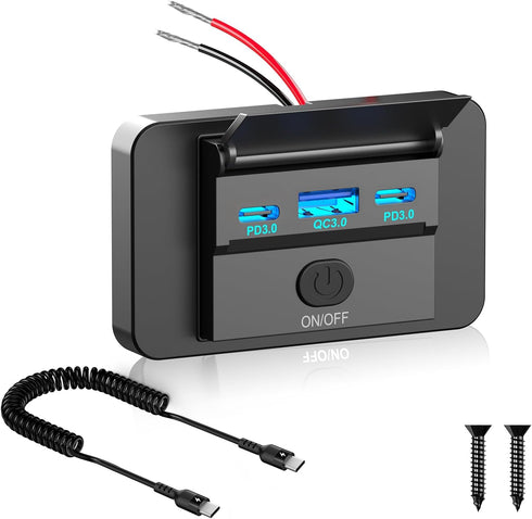Qidoe 12V USB Outlet with Power Switch, Dual 36W PD3.0 Type C & QC3.0 18W USB Panel Mount 12V Outlet with USB C Cable, Waterproof Car USB Socket C...