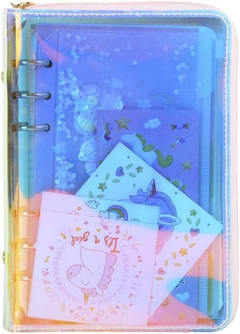 Personal Compact Zip Organizer, A6 6-Ring Zipper Binder Planner Cover, Holographic Dazzling Rainbow Color(Inner Paper Not Included)...