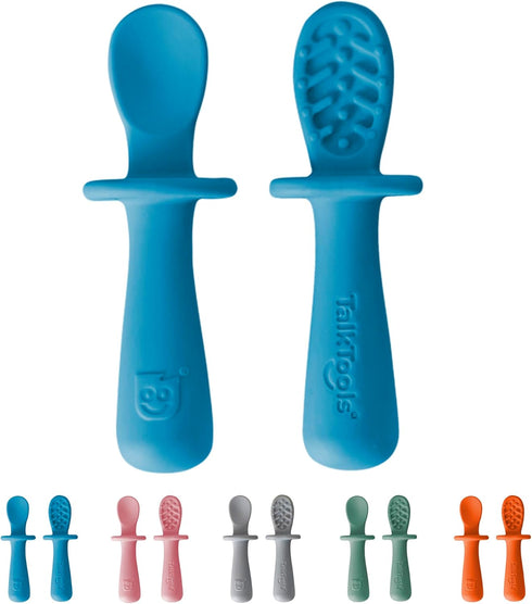 TalkTools ITSY Tiny Silicone Spoons – Twin Pack Soft Silicone Self-Feeding Training Spoons for Kids & Toddlers, Anti-Choking Flange Guard and Non-...