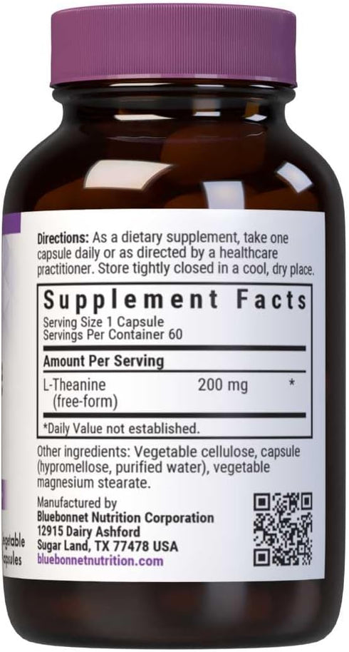 Bluebonnet Nutrition L-Theanine 200mg, Free-Form Amino Acid, Promotes Relaxation*, Soy-Free, Gluten-Free, Non-GMO, Kosher Certified, Vegan, 60 Veg...