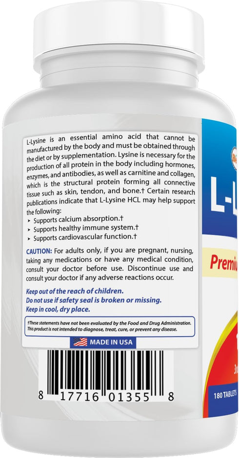 Best Naturals L-Lysine 1000mg 180 Tablets - Double Strength Lysine for stronger immune health & cold sores...