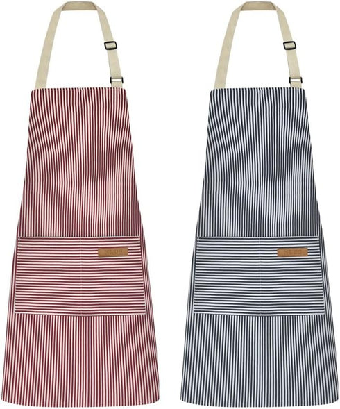 NLUS 2 Pack Kitchen Cooking Aprons, Adjustable Bib Soft Chef Apron with 2 Pockets for Men Women (Blue Pinstripes/Pink Pinstripes)...