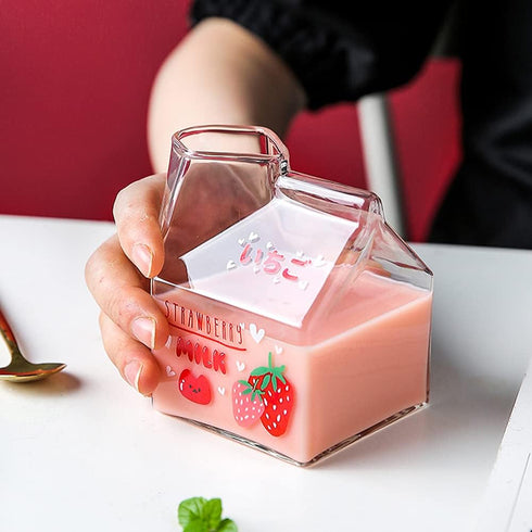 Kawaii Glass Milk Carton Cup Microwavable 12 Oz Cute Milk Cups Mini Creamer Container Strawberry Square Breakfast Mug Glass Creamer Pitcher with G...