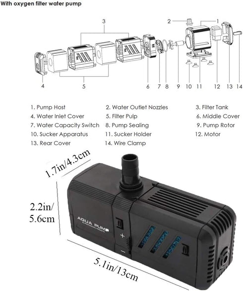 MQ 130GPH Submersible Water Pump (500L/H, 6W) with Filters and Water Nozzles, Ultra Quiet for Aquarium, Fish Tank, Pond, Fountain, Hydroponics...