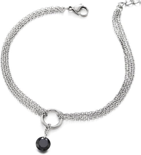 COOLSTEELANDBEYOND Stainless Steel Multi-Strand Anklet Bracelet Dangling Charms Black Cubic Zirconia 8MM...
