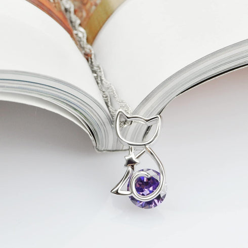 H&Beautimer Italian 925 Sterling Silver Necklace For Women's AAAAA CZ Purple Zircon Pendant Wave Chain 41+5CM Party Jewelry-Cute Cat...