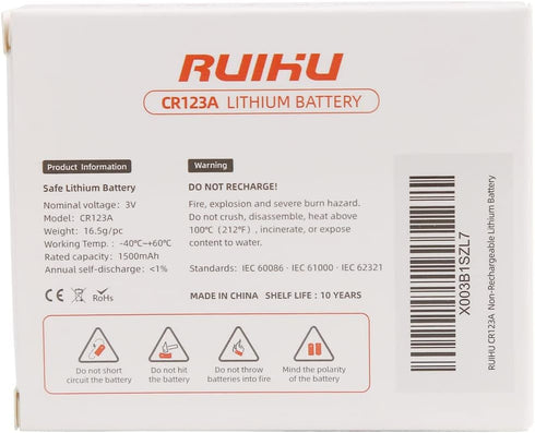 CR123A Lithium Battery, 10 Pack 3V 1500mAh Lithium Manganese Dioxide(Li-MnO2) Battery for Flashlight Alarm Smart Sensor Microphones, Non-Rechargea...