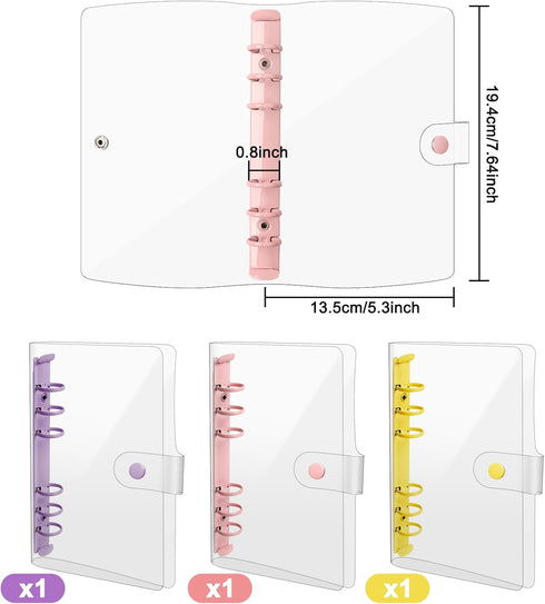 3 Pack A6 Soft PVC 6-Ring Binder Cover Clear Budget Binder Clear A6 6-Hole Planner Binder Cover Yellow Purple Pink Round Ring Binder Cover for Ref...