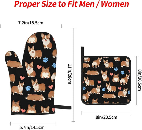 Cute Corgi Dog Heat Resistant Oven Mitts and Pot Holders Sets Non Slip Kitchen Gloves Hot Pads with Inner Cotton Layer for Cooking BBQ Baking Gril...