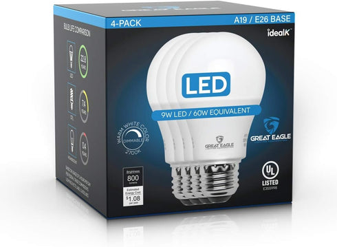 Great Eagle A19 LED Light Bulb, 9W (60W Equivalent), UL Listed, 2700K Warm White, dimmable, Standard Replacement (4 Pack)...