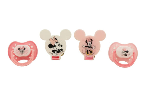 Disney Cudlie Minnie Mouse Baby Girl 4 Pack of 2 Pacifiers & 2 Clips with Sugar & Spice Print...