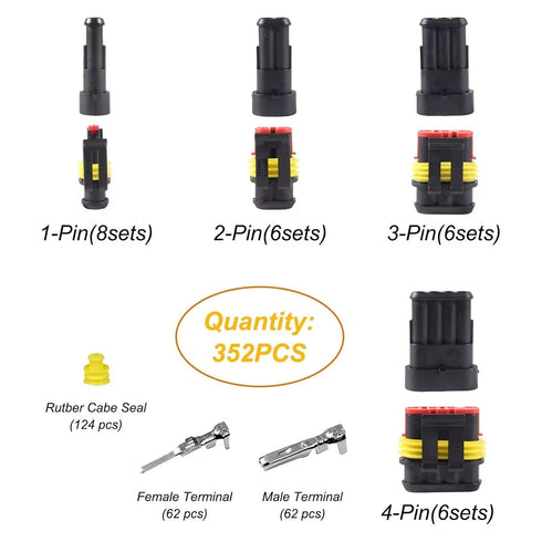 352Pcs Waterproof Connector Car Electrical Connector Terminals Quick Disconnect Wire Connector Plug Kit, 1/2/3/4 Pin Connectors Male and Female fo...