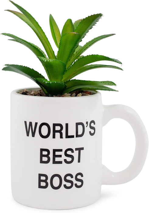 Silver Buffalo The Office World's Best Boss Decorative Artificial Faux Greenery Plant in Ceramic...