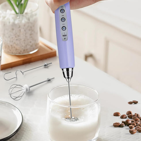 Milk Frother Handheld Rechargeable - Electric Whisk 3 Speed Adjustable, Coffee Frother Wand with 3 Stainless Whisks, Electric Foam Maker, Drink Mi...