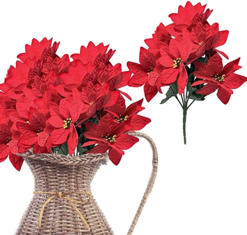 BANBERRY DESIGNS Poinsettia Picks - Set of Poinsettias Stems - 7 Red Christmas Flowers Each - 11" H - Poinsettia Flower Bunch for Decorations - Ho...