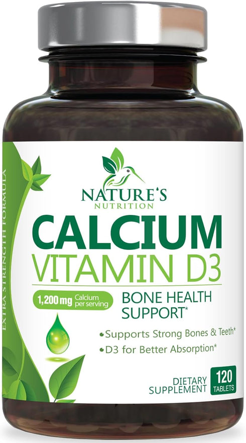 Calcium Supplement with Vitamin D - 1200 mg Calcium Carbonate with 1600 IU of D3 Vitamins - Supports Bone Strength, Teeth & Immune System - Natura...