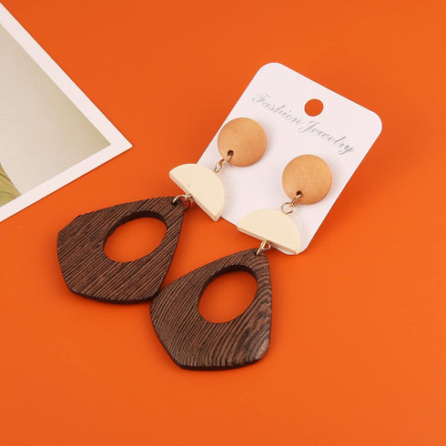 Women's Natural Wood Earrings Variety of Fashion Earrings Stainless Steel Earrings Minimalist Retro Earring Set Wooden Natural Hollow Earrings Cur...