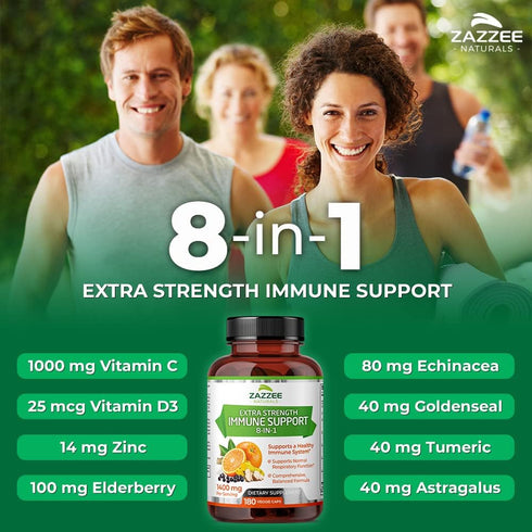 Zazzee Extra Strength 8-in-1 Immune Support, 1400 mg per Capsule, 180 Vegan Capsules, 1000 mg Vitamin C, 1000 IU mg D3, Zinc, Elderberry, Echinace...