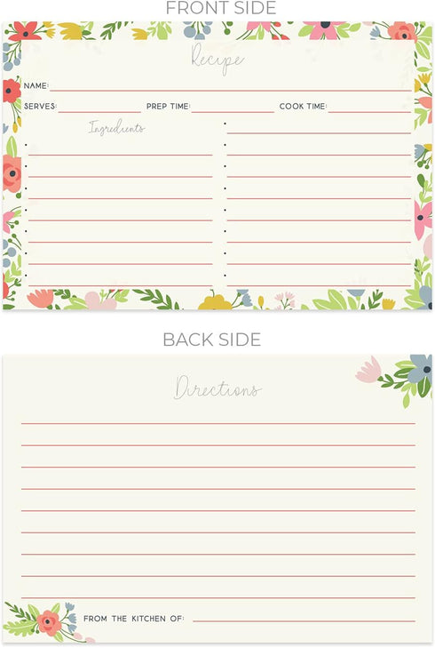 Modern Floral Recipe Cards / 50 Pack Of Double Sided Cooking Ingredients Cards / 6" x 4" Baking Directions Cards...