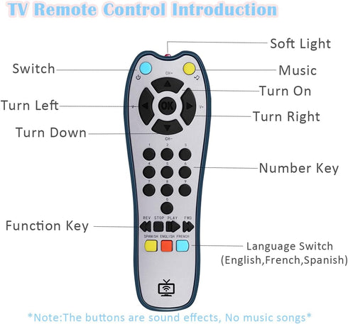 Baby Realistic TV Remote Control Toy with Light and Sound, Upgrade Adjustable Volume, Early Educational Musical Toys with 3 Language English,Frenc...