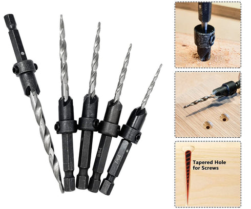 5pcs Wood Tapered Countersink Drill Bit Set Hex Shank Screw Drill Counter Sink Bit 7/64", 9/64",11/64", 3/16", 7/32" Adjustable Drilling Tool Kit ...