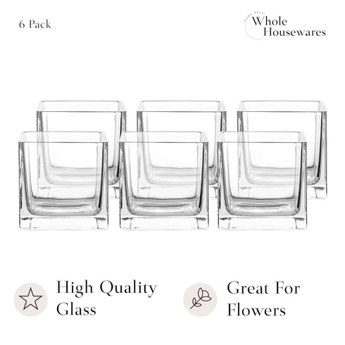 Whole Housewares Square Glass Flower Vase Centerpiece Set - 6 Pack Botanical Arrangements and Candle Holder Decoration - Thick Glass and A Stable ...