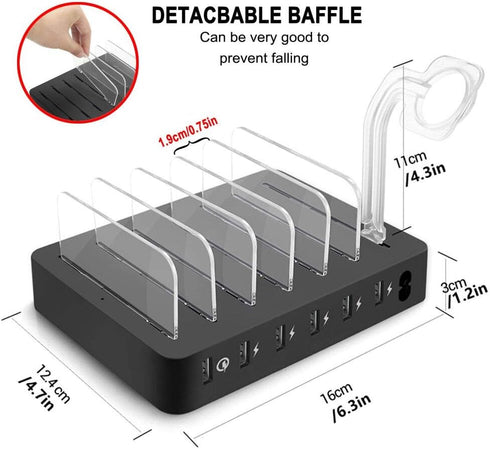 COSOOS Fastest Charging Station with QC 3.0, 63 W 6-Port USB Charging Station for Multiple Devices with 6 Mixed Short Cable & iWatch Stand, Multi ...