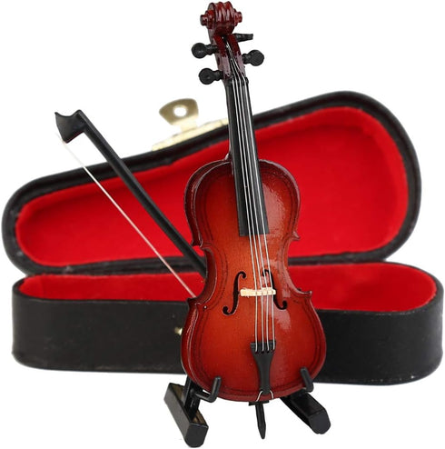 Dselvgvu Wooden Miniature Cello with Stand,Bow and Case Mini Musical Instrument Miniature Dollhouse Model Home Decoration (3.94"x1.38"x0.43")...