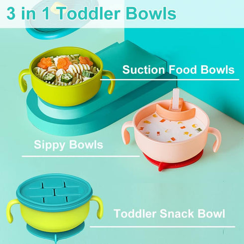 3 in 1 Baby Bowl First Stage with Lid, Straw, Snack Insert Suction Toddler Bowl - BPA Free Self-Feeding Training Toddler Utensils (Green)...