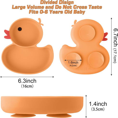 Powerful Suction Plates for Baby and Toddler,Baby Divided Plate,Thanksgiving Plates with Fork and Spoon,Duck Baby Plate Non-Slip,BPA Free,Microwav...