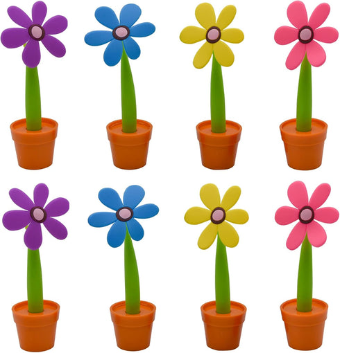 Maydahui 8PCS Flower Ballpoint Pens with Plant Pot Stand on Desk Set Cute Creative Design Colorful for Student Party Valentine's Day(Black and Blu...