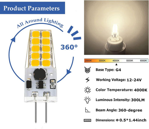 Dimmable G4 LED Bulb 12V 24V JC Tybe,20-30W T3 G4 Halogen Equivalent,4000K Natural White,G4 Bi-Pin Base, 300LM,Chandelier Lighting/Landscape Light...