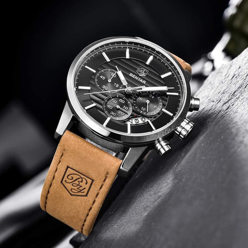 BENYAR Quartz Chronograph Waterproof Watches Business and Sport Design Leather Band Strap Wrist Watch for Men...