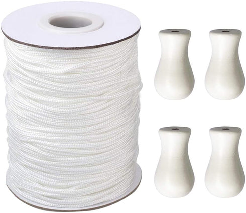 Vtete 1.8 mm × 100 Yards/Roll White Braided Lift Shade Cord + 4 Pcs White Wood Pendant for Aluminum Blinds Windows, Roman Shade Repair, Gardening ...