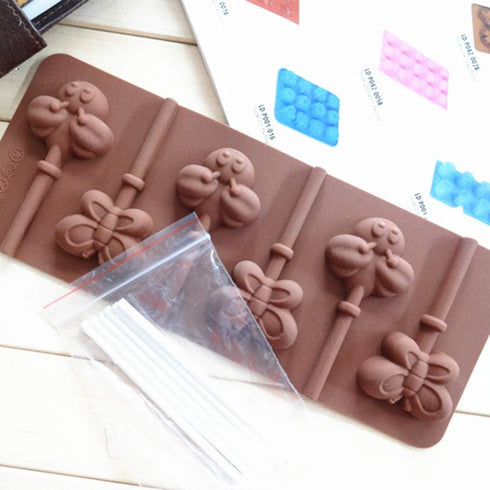Cute 6 Even Bees and Butterflies Lollipop Funny DIY 3D Attached Silicone Mold Making Ice Blocks Candy Fondant Chocolate Soap Cakes Mousse Jelly Ca...