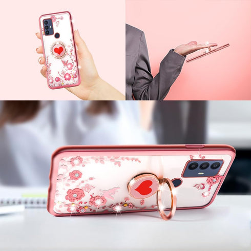 for TCL 30 SE Case (6.52-inch) Girls Women Cute Butterfly Red Heart Clear Soft Silicone Phone Case with Ring Stand Strap Lanyard Shockproof Protec...