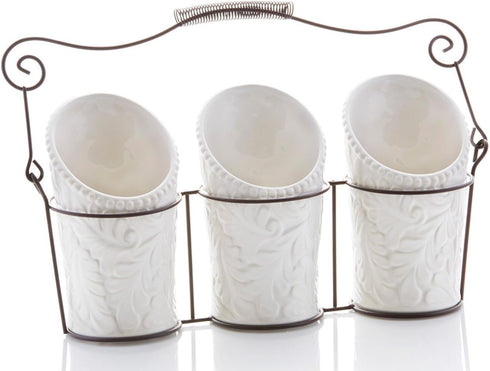 Kitchen Tool Crock (4 Pieces) - 3 Ceramic Utensil Holders (4" Dia x 7" H each) & 1 Metal Caddy - White & Embossed Design...