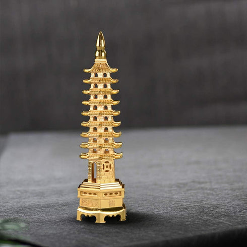 BRABUD 7'' Alloy Fengshui 9 Level Pagoda Wenchang Tower Statue Protection Business Rises Desk Decor Collectible Golden Color ZD112...