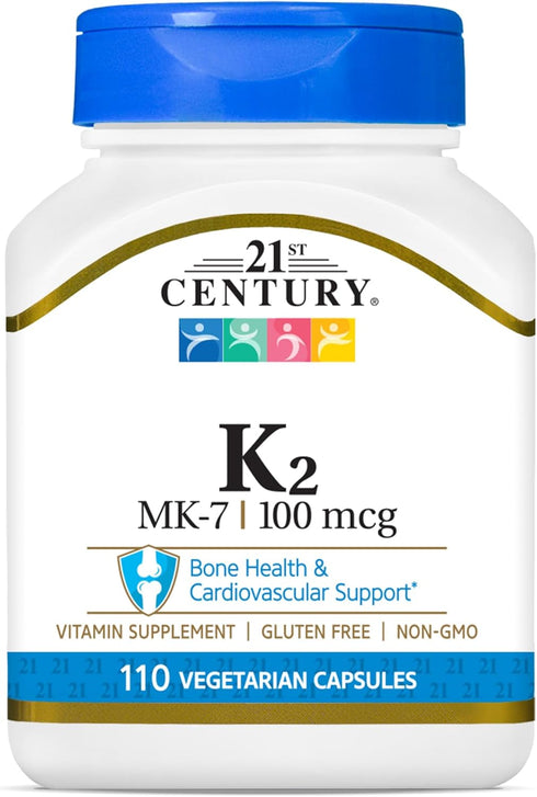 21st Century Healthcare Vitamin K2 (MK-7) 100 mg Vegetarian Capsules, 110 Count...