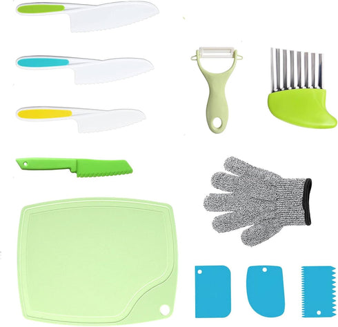 11 Pcs Kids Kitchen Knife Set, Kids Knife Set for Real Cooking, Toddler Knife Set Include Kid Safe Knives, Dough Cutter, Crinkle Cutter, Cutting B...