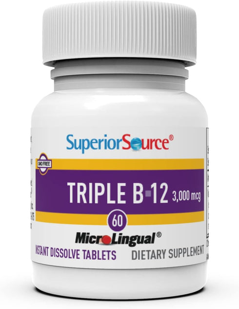 Superior Source No Shot Triple B12 3000 mcg, Quick Dissolve MicroLingual Tablets, 60 Ct, Methylcobalamin, Adenosylcobalamin & Cyanocobalamin, Cogn...