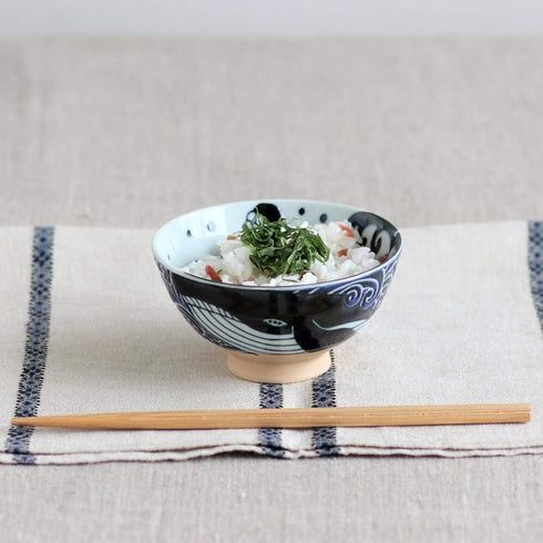 Minoru Touki White Wave Whale Blue Ceramic Rice Bowl Small Set of 2 ?4.4×H2.4in 11.29oz...