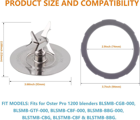 Replacement Blender Parts for Oster Pro 1200 Blender, Includes Stainless Steel Blender Cutter Blade 164160, 2Pcs Silicone Rubber Gaskets 182341-00...