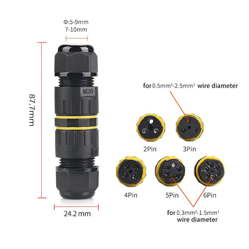 6 Pin IP68 Outdoor Waterproof Electrical Wire Connector for 5-12mm Wire Diameter, (Max 16A, 450V), 2 Way 2 Packs...