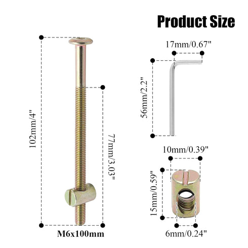 M6 x 100mm Bunk Bed Bolts, Hex Drive Socket Furniture Barrel Screws Bolt Nuts Furniture Crib Baby Bed Bolt with Wrench(12 Pcs)...