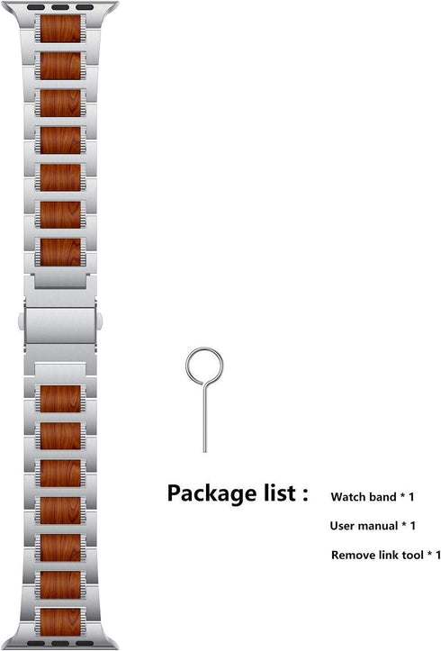 Compatible for Apple Watch 49mm 45mm 44mm 42mm Bands, Red Sandalwood Wood Stainless Steel Replacement Wrist Strap for Apple Watch Ultra & SE Serie...