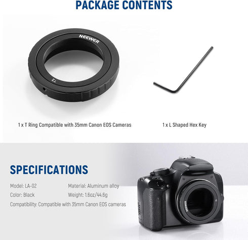 NEEWER T Ring with M42 Threads Compatible with 35mm Canon EOS Cameras & Telescopes, Lens Adapter Ring for EOS-1V 1N 5D Mark IV 6D Mark II 80D 70D ...
