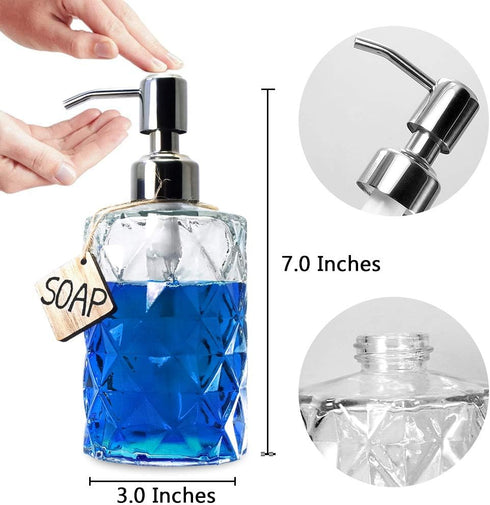 JASAI Diamond Design 12 Oz Glass Soap Dispenser, Kitchen soap Dispenser with 304 Rust Proof Stainless Steel Pump, Bathroom Soap Dispenser for Hand...