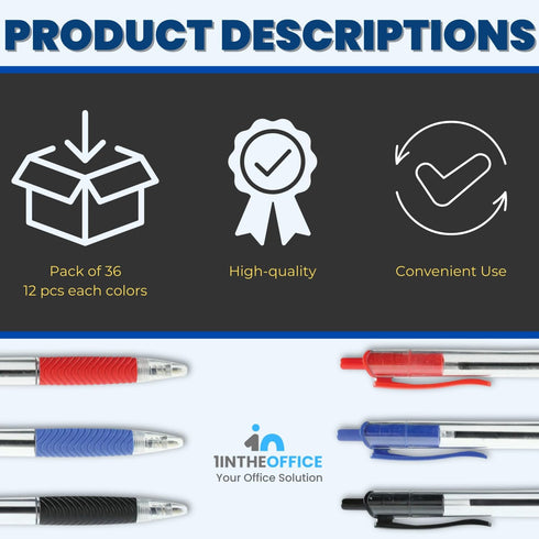 1InTheOffice Retractable Ballpoint Pen, Medium Point, 1.0mm, 12 Black, 12 Blue & 12 Red Pens, 36 Pack...